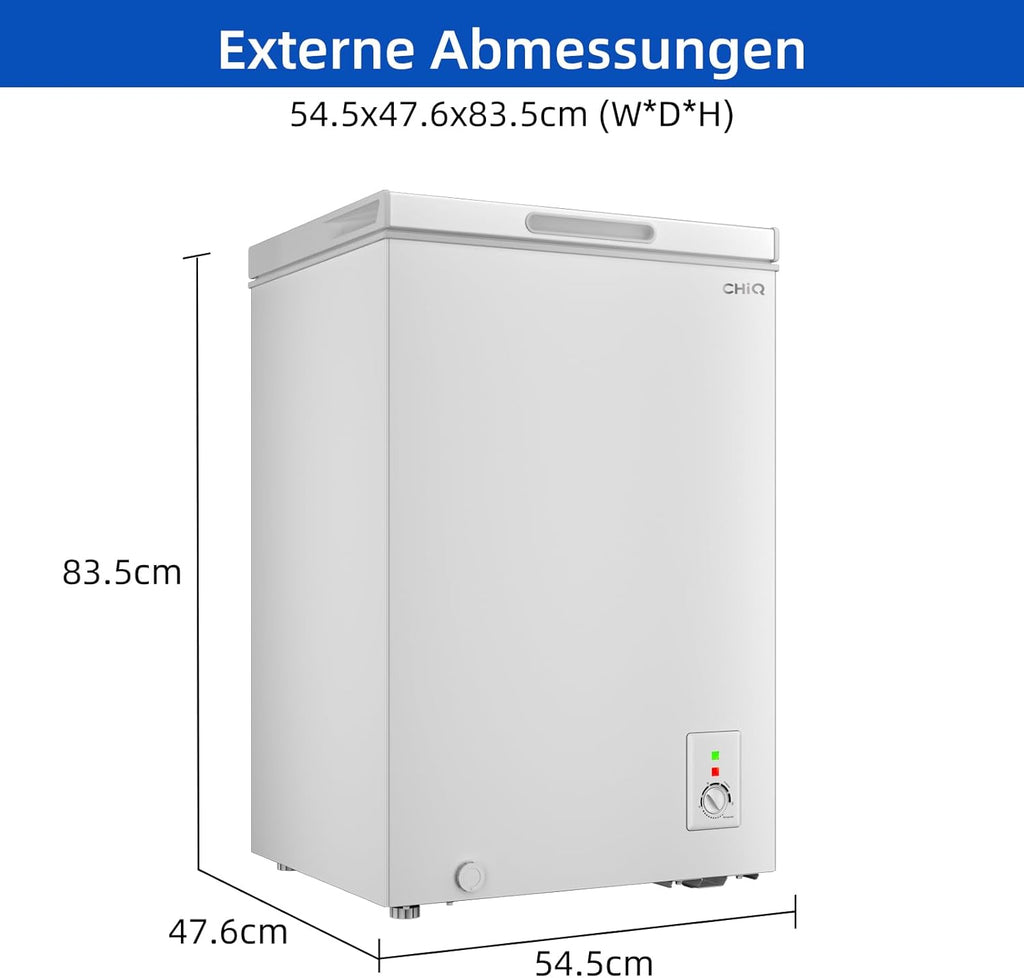 CHiQ FCF98DE Vrieskist 99 L, 54,5 x 47,6 x 83,5 cm, 4-sterrenvriezer, Thermostaatregeling, Draadmand, Balancerende deur, Stil, Wit