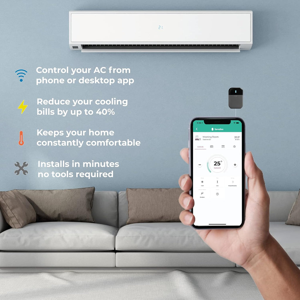 Sensibo Sky, draadloze bediening voor airconditioners. Snelle & eenvoudige doe-het-zelfinstallatie. Comfort dankzij energiezuinige thermostaat-app. Compatibel met Google, Alexa & Siri