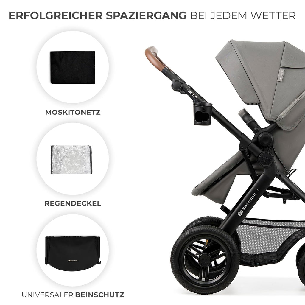 Kinderkraft MOOV2 AIR Kinderwagen 3 in 1 Kinderwagenset tot 26 kg met autostoel I-SIZE 40-75 cm, buggyfunctie, verstelbare ligstand, grote uitschuifbare kap, opblaasbare wielen, zwart