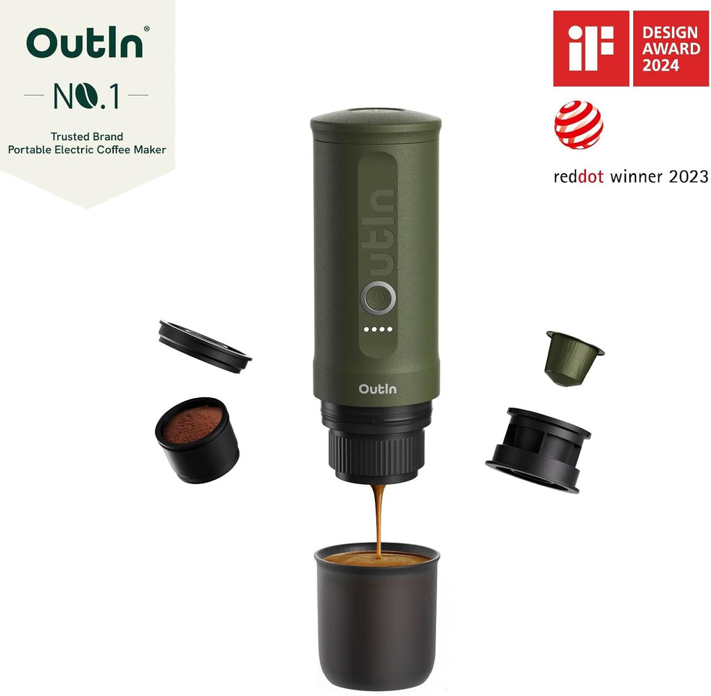 OutIn Nano Draagbare Espressomachine met Batterij, voor onderweg of camping, Koffiezetapparaat to go, met elektrische zelfverwarming via USB - C, 2 in 1 voor gemalen koffie en NS - capsules