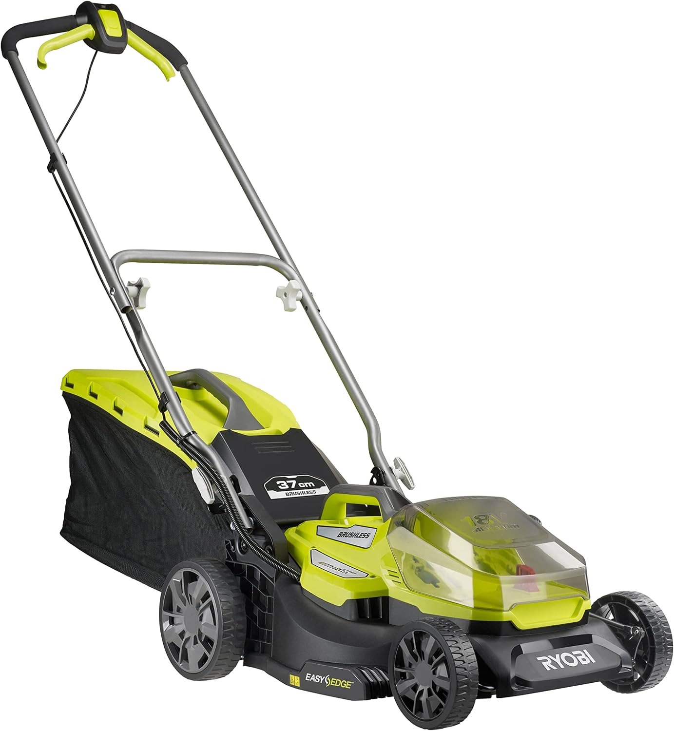 RYOBI 18 V ONE+ Accu-grasmaaier RLM18X33B40 (snijbreedte 33 cm, 5-voudige hoogteverstelling 25-65 mm, inklapbare duwbeugel, incl. mulchplug, 35l grasvangzak, 4,0Ah accu & lader)