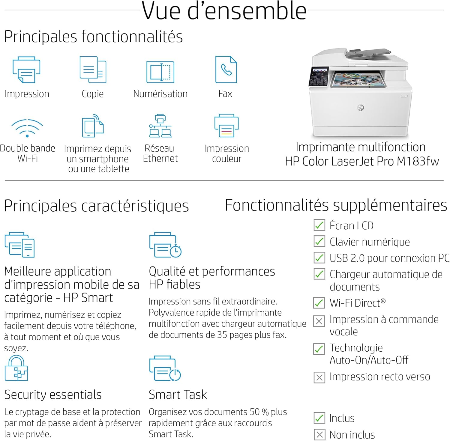 HP Color LaserJet Pro MFP 3302fdwg multifunctionele kleurenlaserprinter, fax, automatisch dubbelzijdig afdrukken, touchscreen, wifi, ethernet, USB, HP Wolf Pro Security