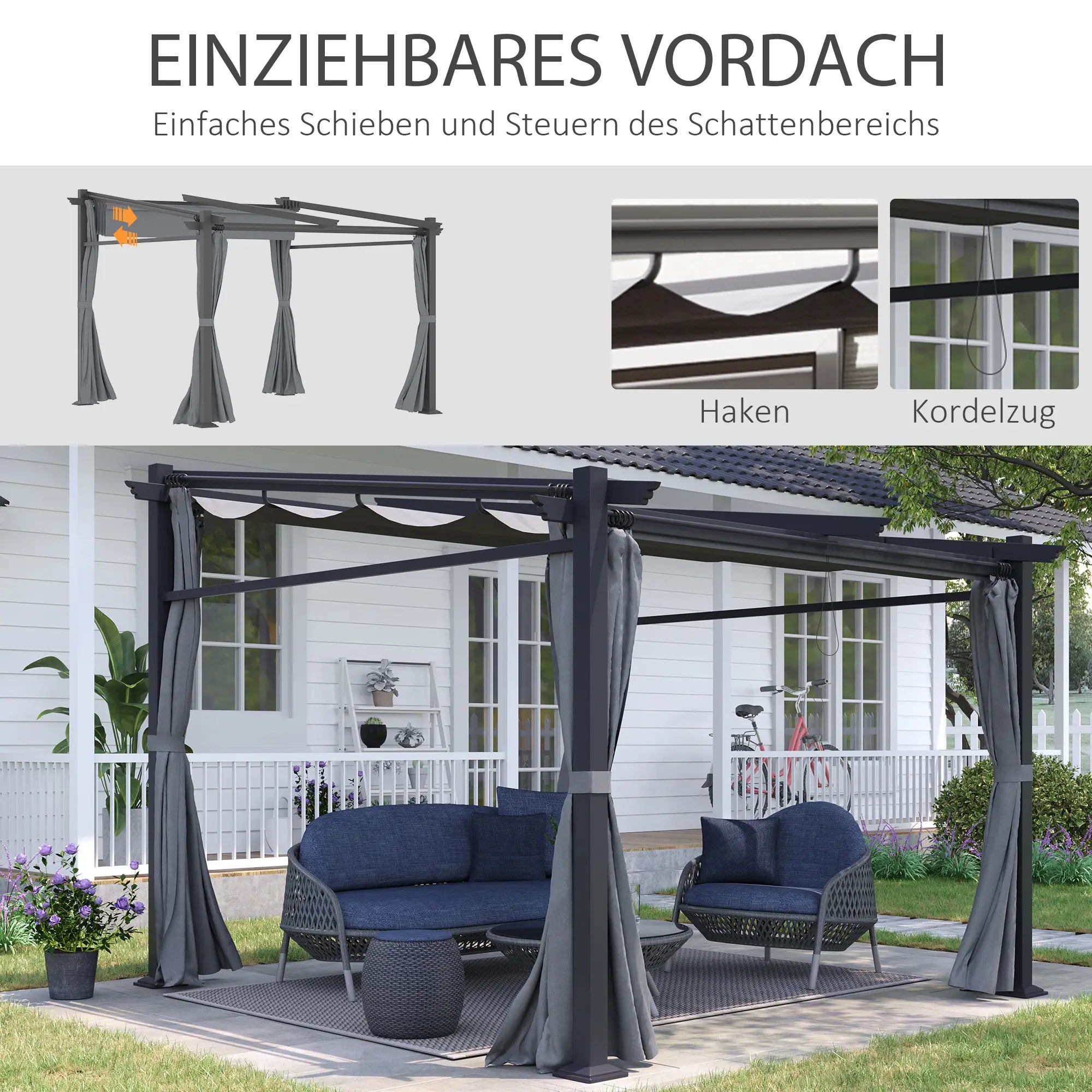 Outsunny Pergola met uitschuifbaar dak en kabelsysteem