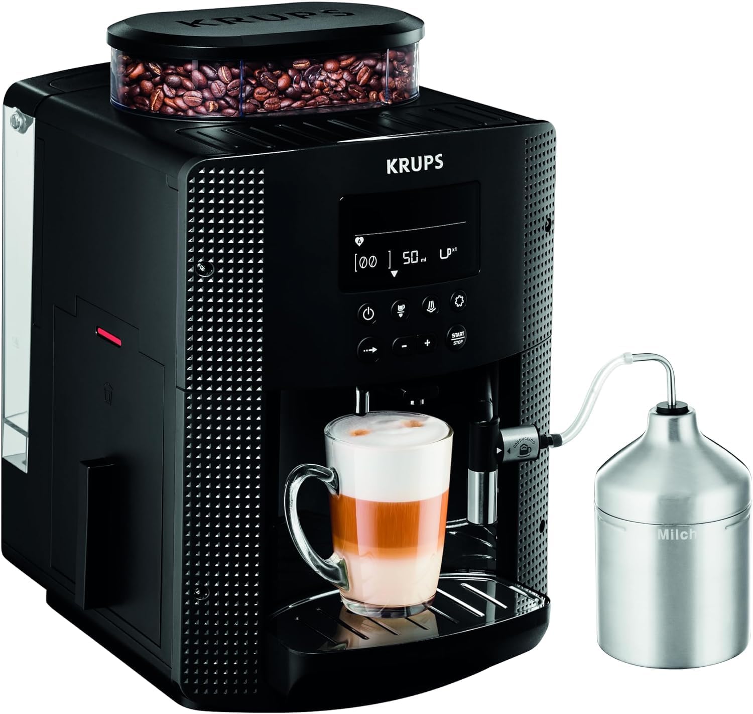 Krups Essential volautomatische espressomachine met melkslang, 2-kopsfunctie, LCD-display, eenvoudige reiniging, koffiezetapparaat, TÜV-keurmerk, zwart, EA816031
