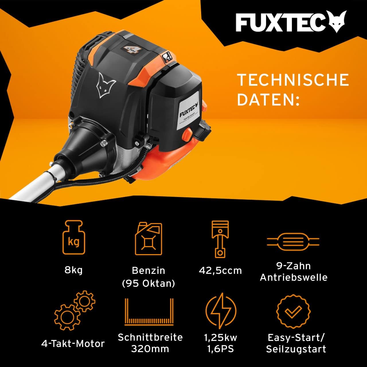 FUXTEC Benzine bosmaaier FX-4MS142, grastrimmer met 4-taktmotor, 320 mm maaicirkel, snelheidsregelaar en easy-starter, incl. draadspoel/professionele draagriem