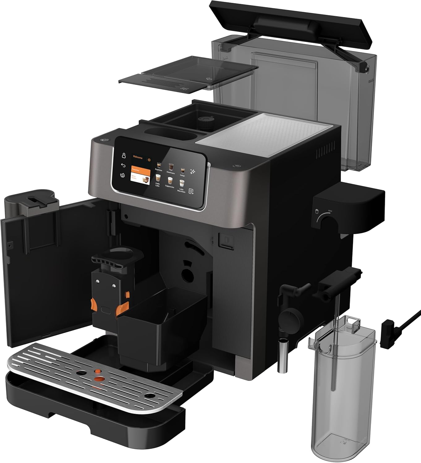 GRUNDIG KVA 7230 volautomatische koffiemachine, 10 koffiespecialiteiten, 13 maalfijnheden, melkreservoir, krachtig 1350 W, 19 bar pompdruk, dubbele uitloop, verlichting, Zwart/Donkerzilver