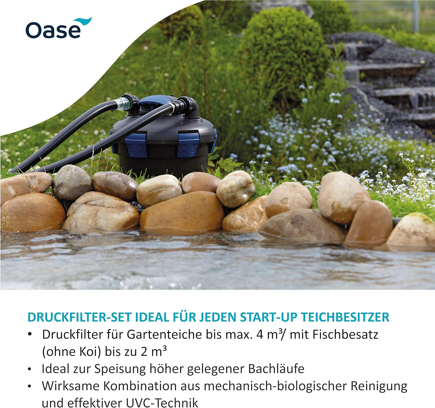 OASE 50499 Drukfilter BioPress Set 4000, vijverfilter filterset voor effectieve en snelle algenbestrijding, complete set incl. filterpomp en UVC-reiniger