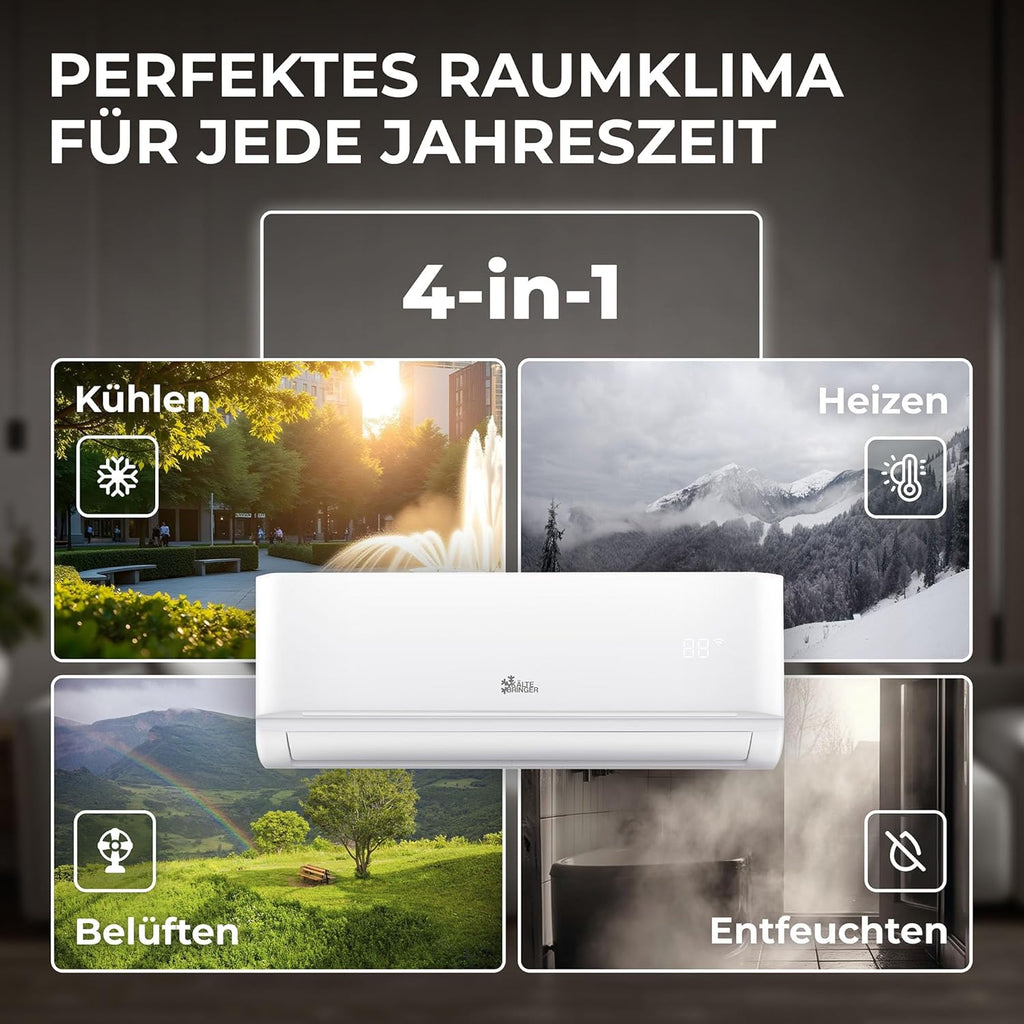 Kältebringer Split Airconditioner - 9000 BTU (2,6 kW) - Airco met Verwarming, WiFi & App, tot 45m², zeer stil - Set met 5m Koperleiding, Koudemiddel R32, Montagemateriaal, Wandbeugel
