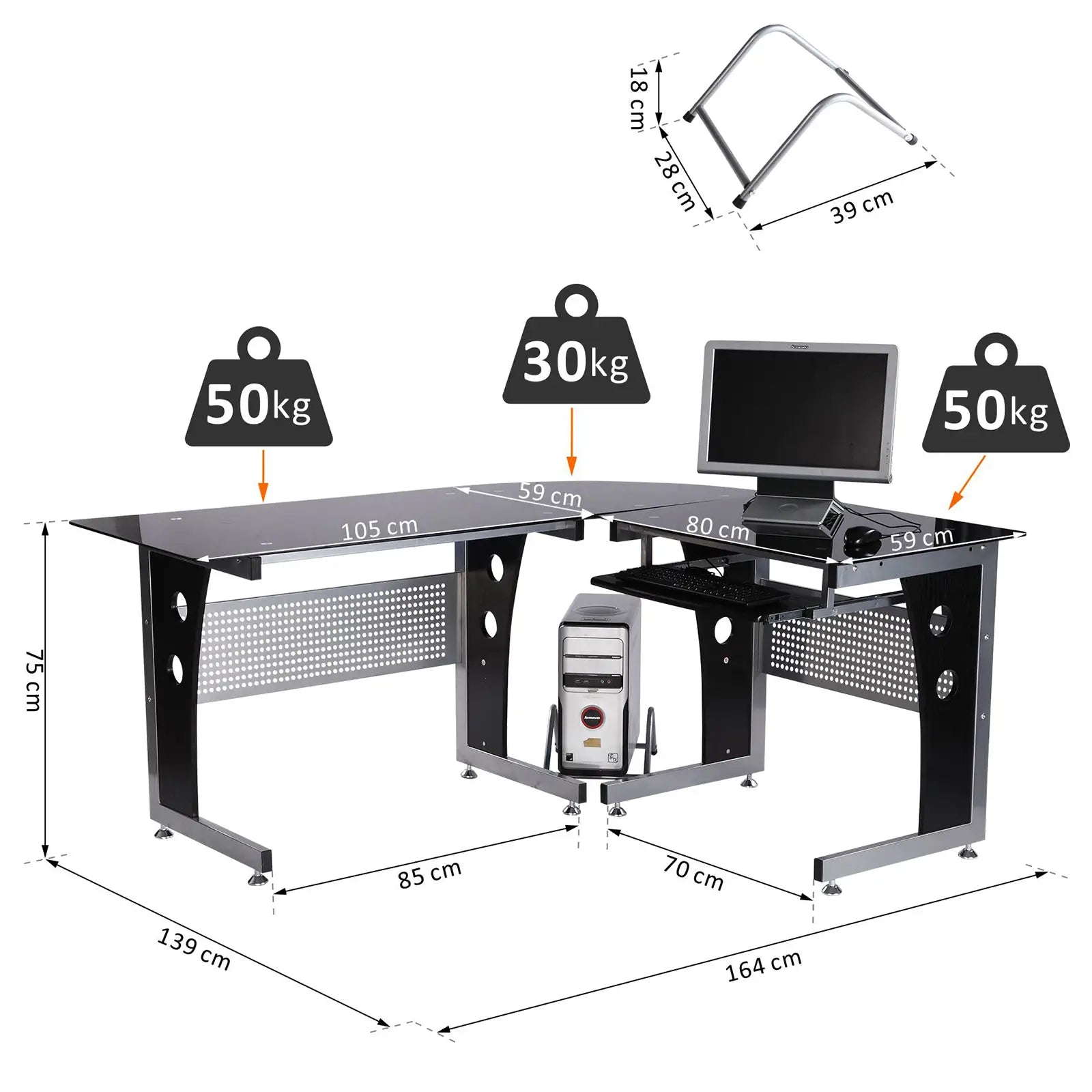HOMCOM Hoekbureau L-vorm met Toetsenbordlade & PC-toren-houder