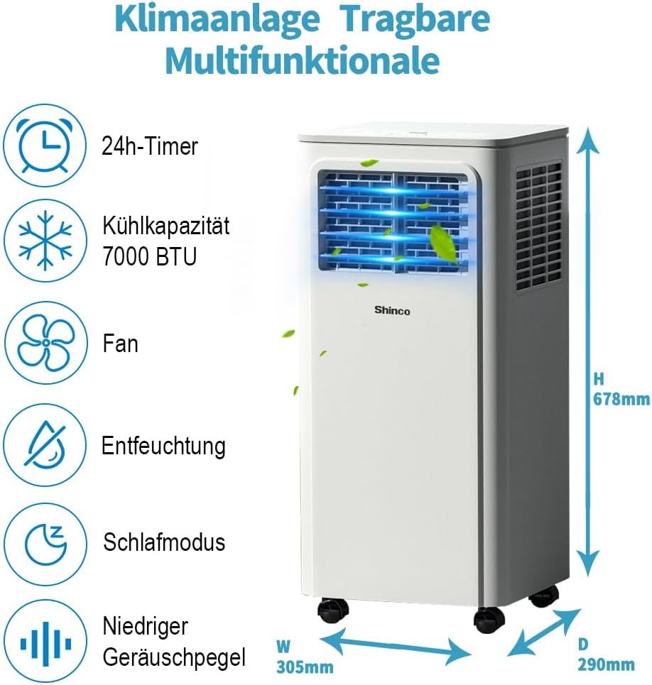 SHINCO Mobiele airconditioning met luchtafvoerslang, 9000 BTU, 2,6 kW, Koelen&Ventileren&Ontvochtigen, Mobiel airco-apparaat met slaapstand, Ruimte tot 22㎡, 24-uurs timer