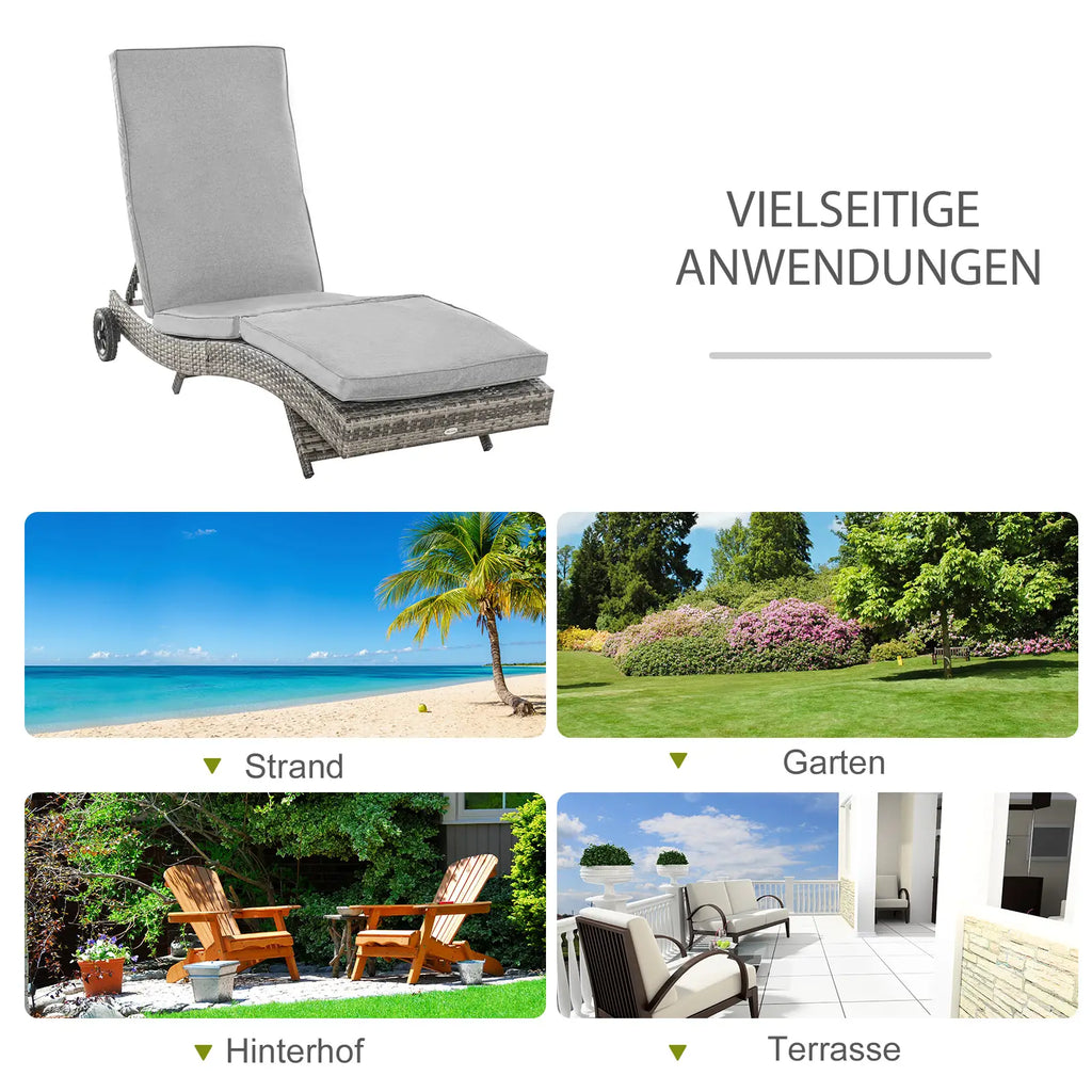 Outsunny Ligbed polyrotan verstelbaar met wielen grijs