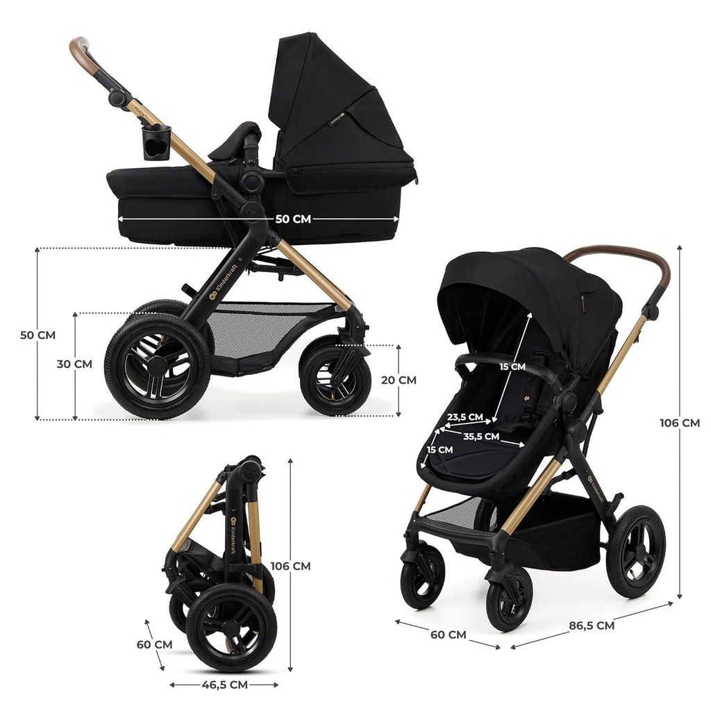 Kinderkraft MOOV2 AIR Kinderwagen 3 in 1 Kinderwagenset tot 26 kg met autostoel I-SIZE 40-75 cm, buggyfunctie, verstelbare ligstand, grote uitschuifbare kap, opblaasbare wielen, zwart