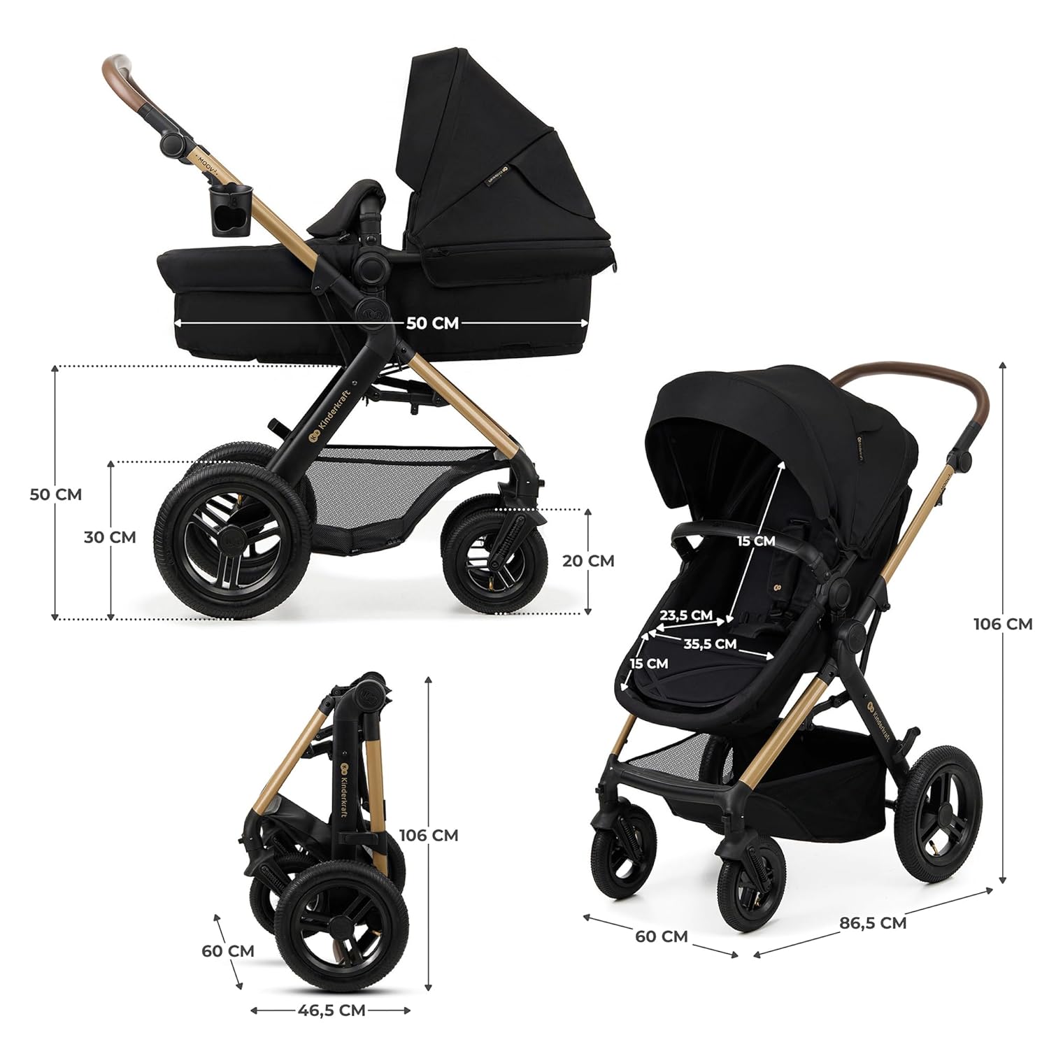 Kinderkraft MOOV2 AIR Kinderwagen 3 in 1 Kinderwagenset tot 26 kg met autostoel I-SIZE 40-75 cm, buggyfunctie, verstelbare ligstand, grote uitschuifbare kap, opblaasbare wielen, zwart