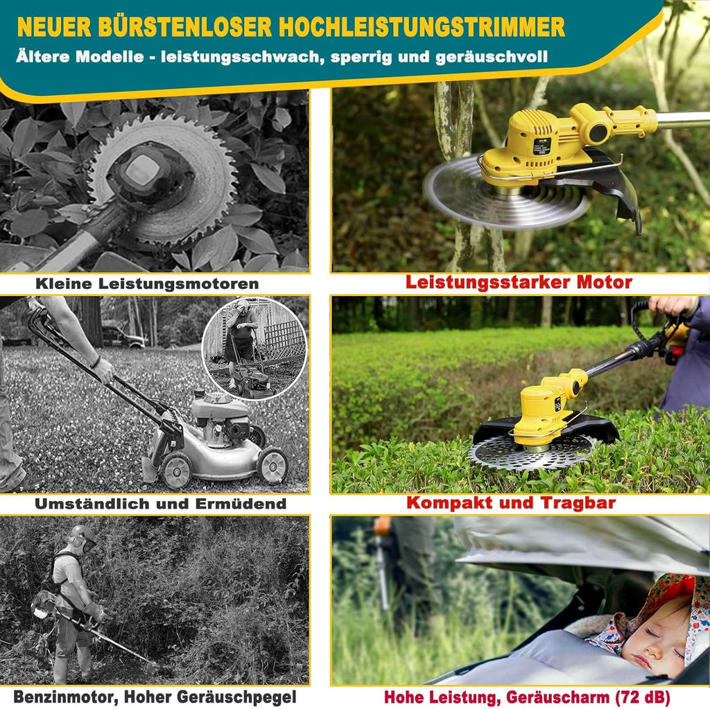 Accu grastrimmer met accu en onkruidborstel, grastrimmer op accu met 5 soorten messen, 21 V borstelloze bosmaaier op accu, met 2 accu's 4.0Ah voor het trimmen in de tuin (Grijs)
