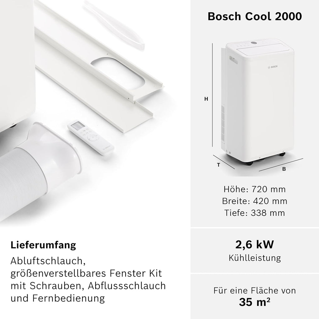 Bosch Cool 4000 Mobiele airconditioner - 3-in-1: Airconditioner, ontvochtiger, ventilator - 2,6 kW voor ruimtes tot 35 m² - Met automatische modus, stille modus & slaapmodus