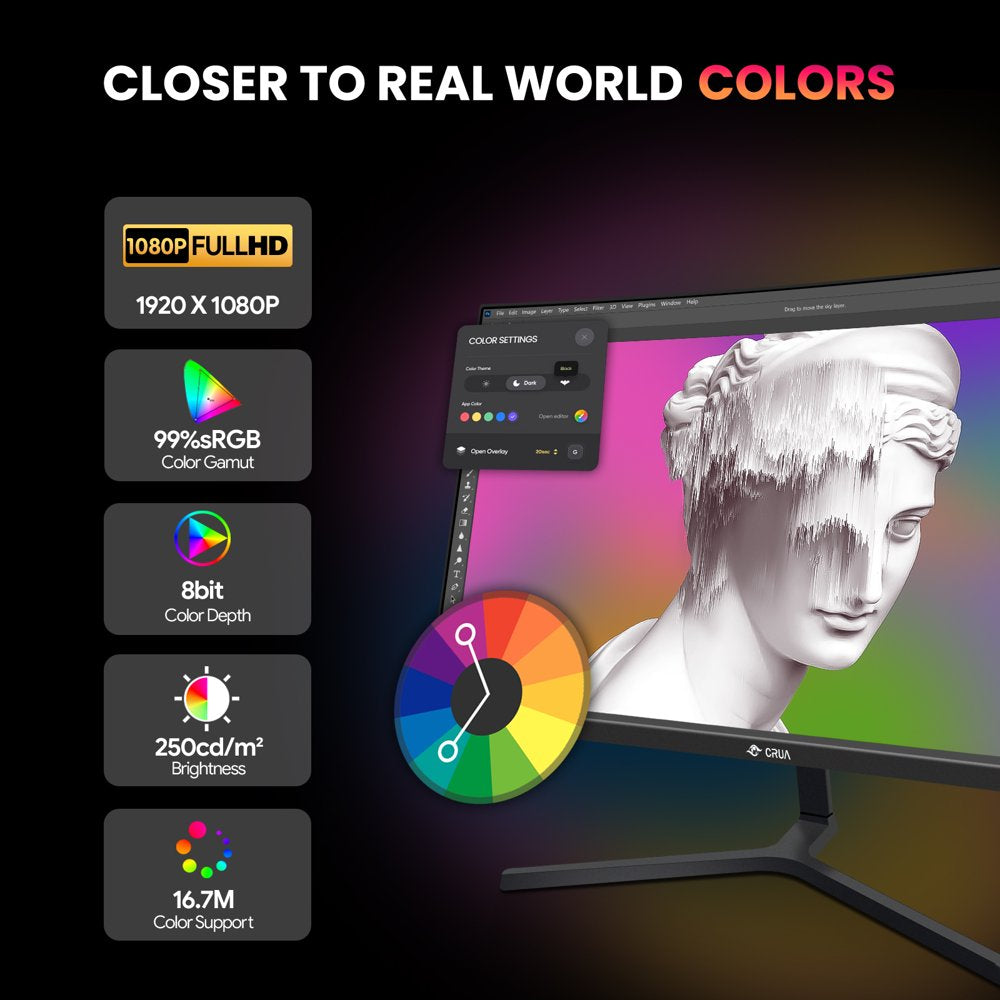 CRUA 24" 180 Hz gebogen gaming-monitor - FHD 1080P frameloze computermonitor, AMD Freesync, lage bewegingsonscherpte, DP- en HDMI-aansluiting, Zwart