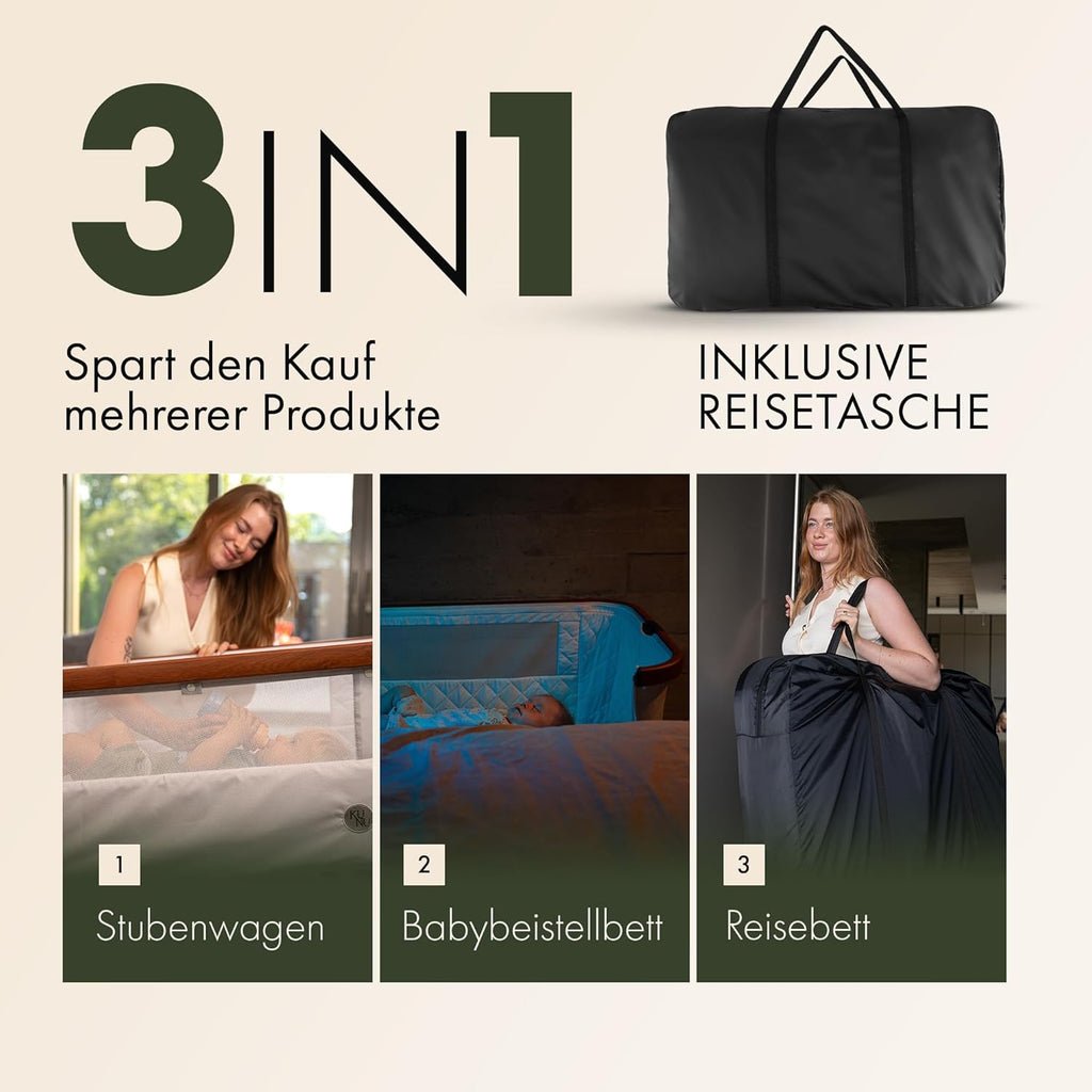 KUNU nieuw baby-co-sleeper - Van ouders voor ouders - Scandinavisch design - Verrijdbaar & schommelfunctie - In hoogte verstelbaar - Baby-geoptimaliseerd matras - incl. reistas