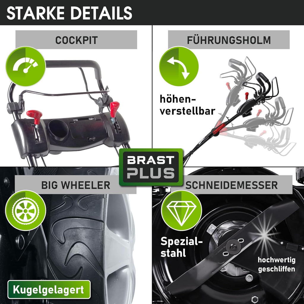 BRAST Benzin grasmaaier met aandrijving | 5,2kW(7PK) | elektrische start | 48cm snijbreedte | vele modellen | TÜV | 4-takt OHV motor | 30-80mm maaihoogte | 60L opvangbak | stalen behuizing | 19224 ESTART Speed