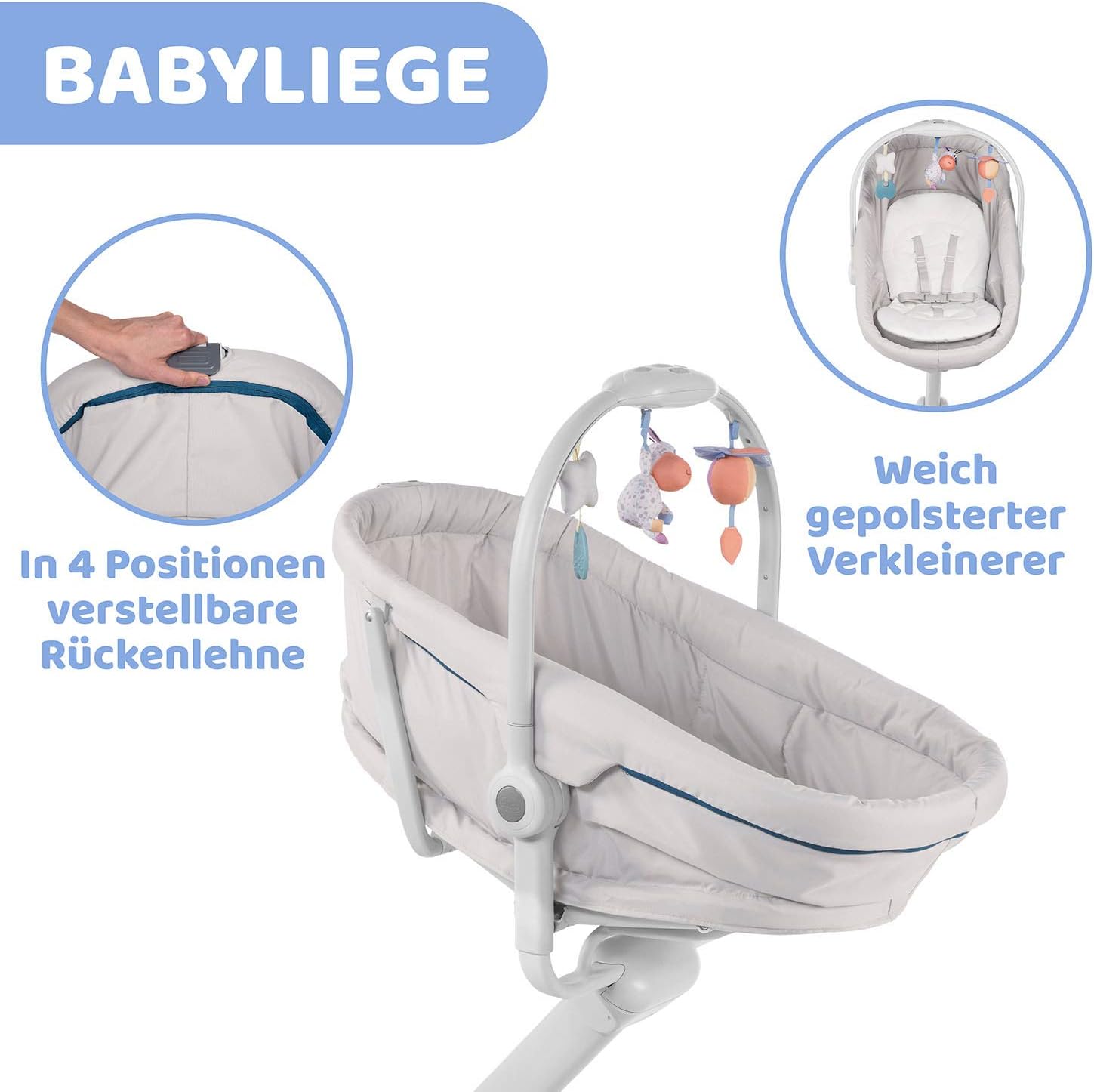Chicco Baby Hug 4-in-1 wieg vanaf 0 maanden, verhoogde babylounger, babybed, kinderstoel met speelboog, tot 15 kg, verstelbare rugleuning, verstelbare hoogte en 4 wielen