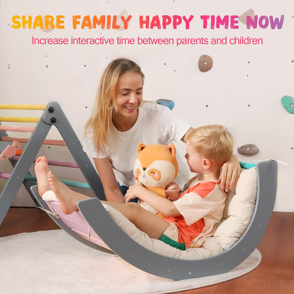 Driehoekset met kussen, 5-in-1 Montessori klimset, opvouwbaar, klim-binnenspeeltuinset voor peuters, houten klimspeelgoed met glijbaan en klimboog voor kinderen (houtkleur)