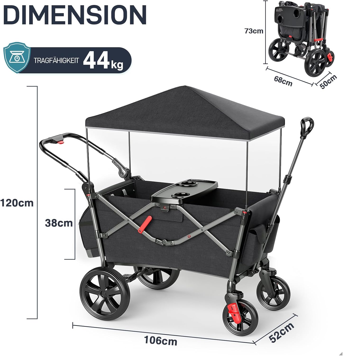 EVER ADVANCED Bolderkar voor 2 kinderen Opvouwbaar met dak, kinderwagen 2x5-punts veiligheidsgordel met luiertas, bolderkar met zitje, handwagen transportwagen, trekken & duwen, voetrem