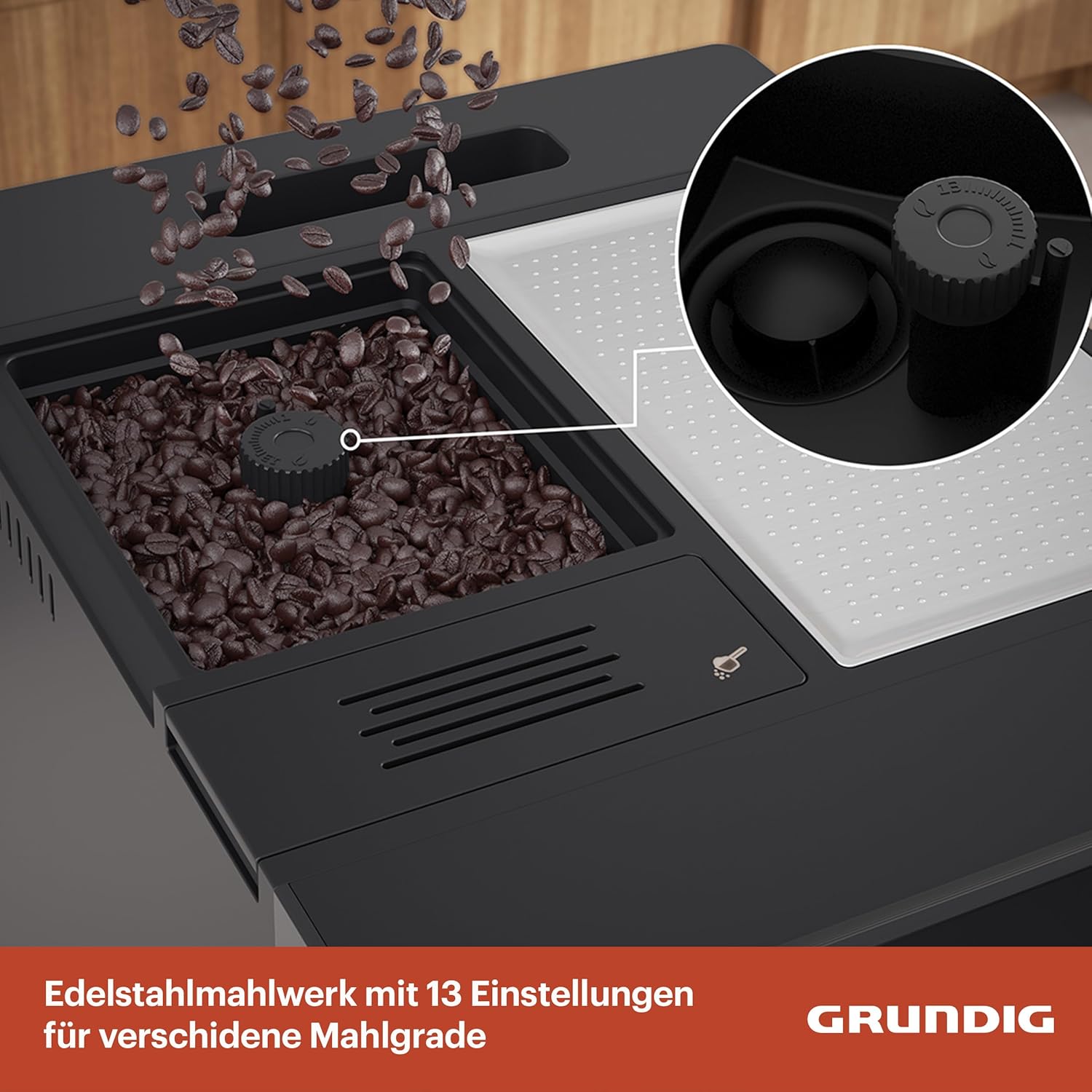 GRUNDIG KVA 7230 volautomatische koffiemachine, 10 koffiespecialiteiten, 13 maalfijnheden, melkreservoir, krachtig 1350 W, 19 bar pompdruk, dubbele uitloop, verlichting, Zwart/Donkerzilver