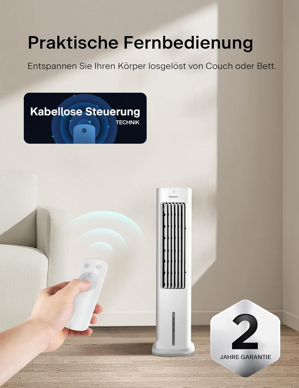 PELONIS Luchtkoeler met waterkoeling, Mobiele airconditioning, 5L Ventilator met waterkoeling, Luchtbevochtiger met afstandsbediening, 355m³/u Airconditioner zonder afvoerslang