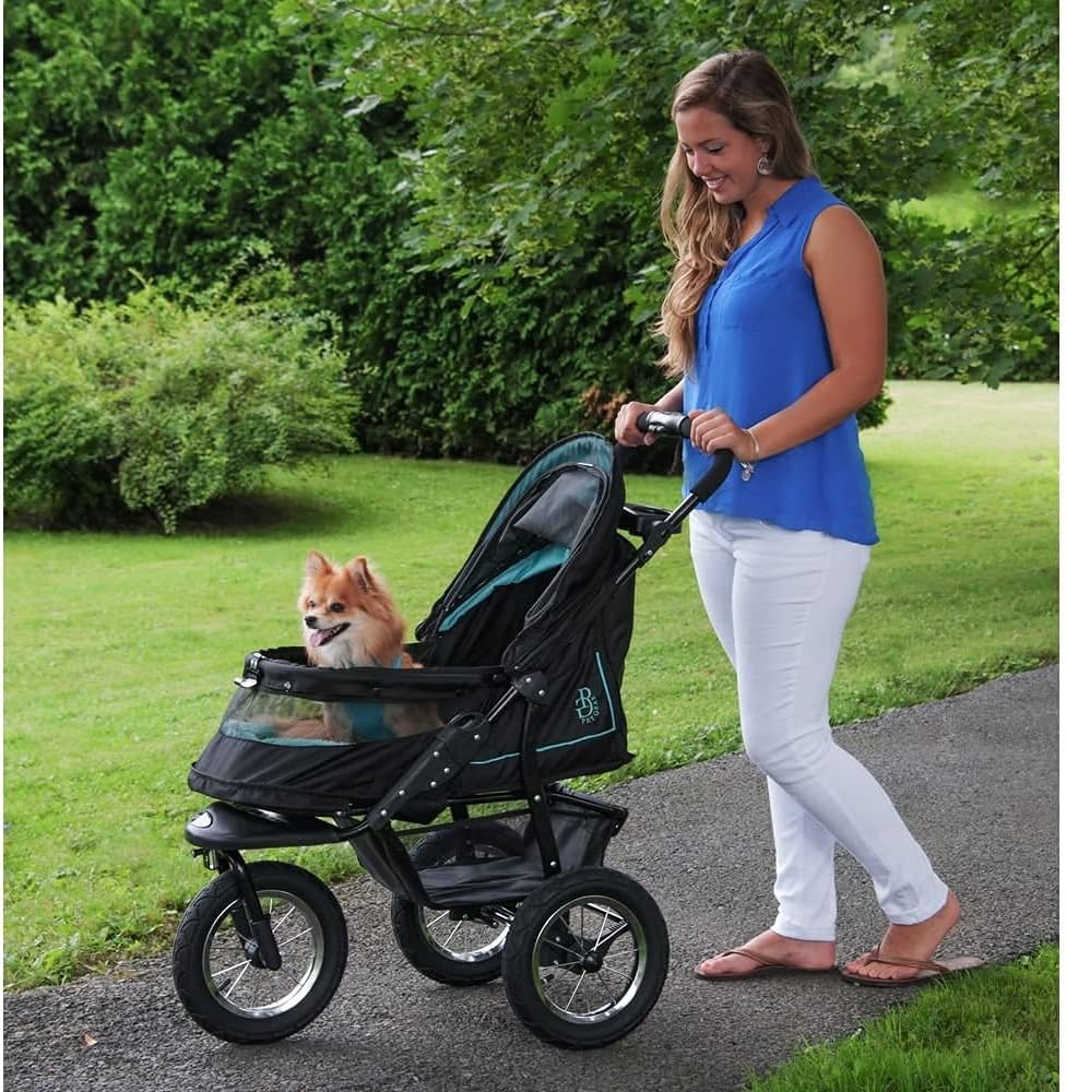 No-Zip NV Huisdierbuggy voor Katten/Honden, Ritssluitingvrije Toegang, Eenvoudig Opvouwbaar met Eén Hand, met Gel Gevulde Banden, Pluche Kussen + Weerbescherming Inbegrepen, 3 Kleuren