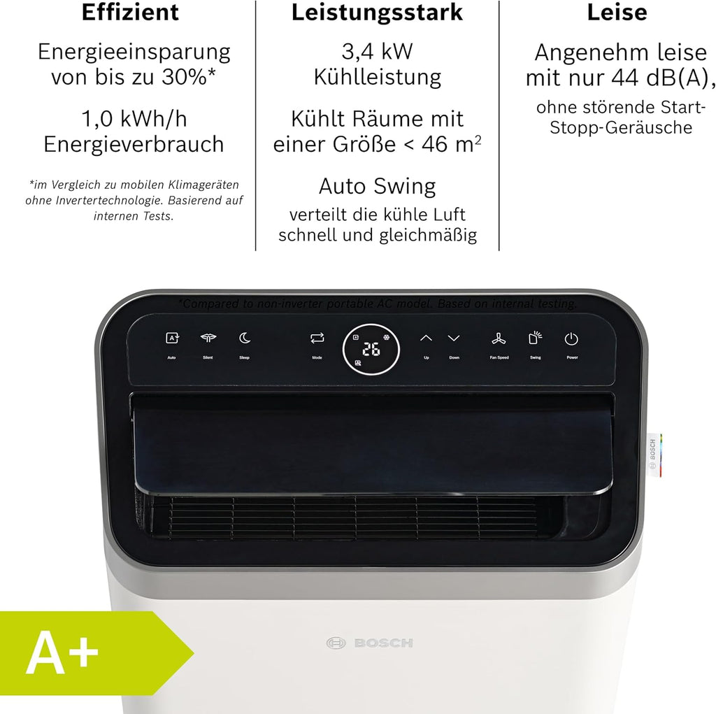 Bosch Cool 4000 Mobiele airconditioner - 3-in-1: Airconditioner, ontvochtiger, ventilator - 2,6 kW voor ruimtes tot 35 m² - Met automatische modus, stille modus & slaapmodus