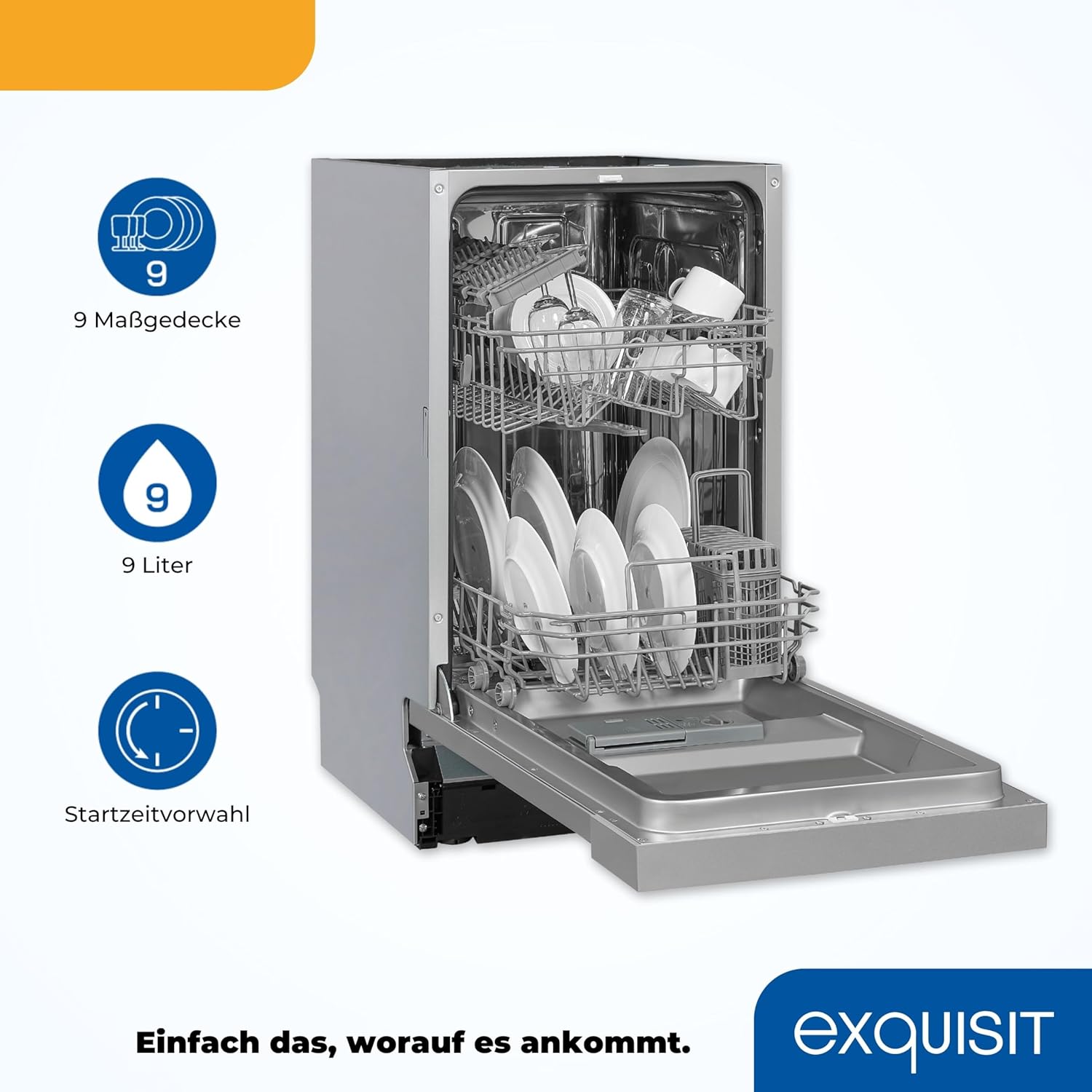 Exquisit Vaatwasser, 45 cm breedte, gedeeltelijk geïntegreerd, 9 couverts, 9 liter, startuitstel, ECO-modus, vaatwasser 45 cm, EGSP51009-EB-030E inox