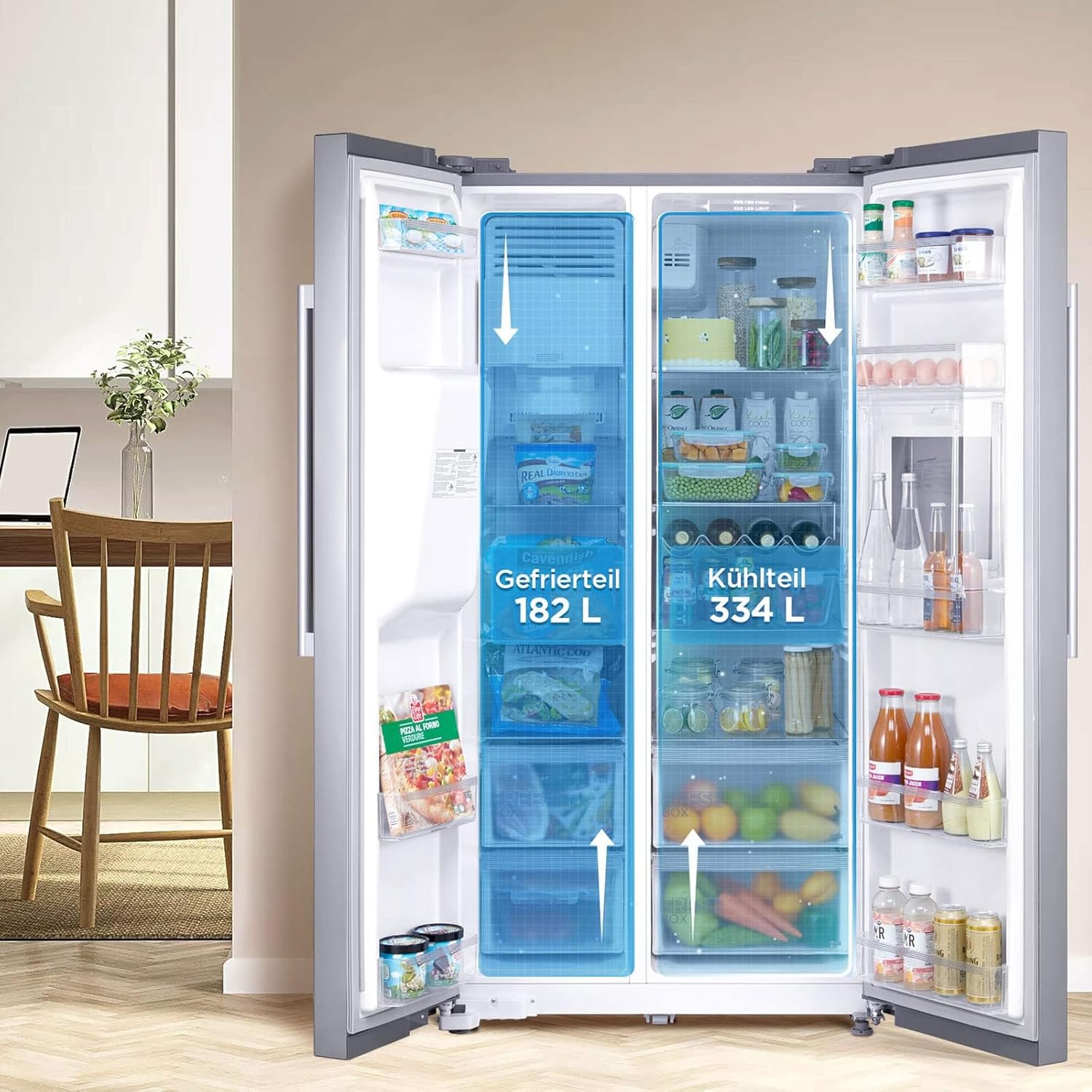 Midea KS-DDX 6.32 WT Amerikaanse koelkast/178,8 cm hoogte/254 kWh/jaar/No Frost/Dual Inverter Compressor/met 3-in-1 water-/ijsdispenser en watertank, Dark Inox