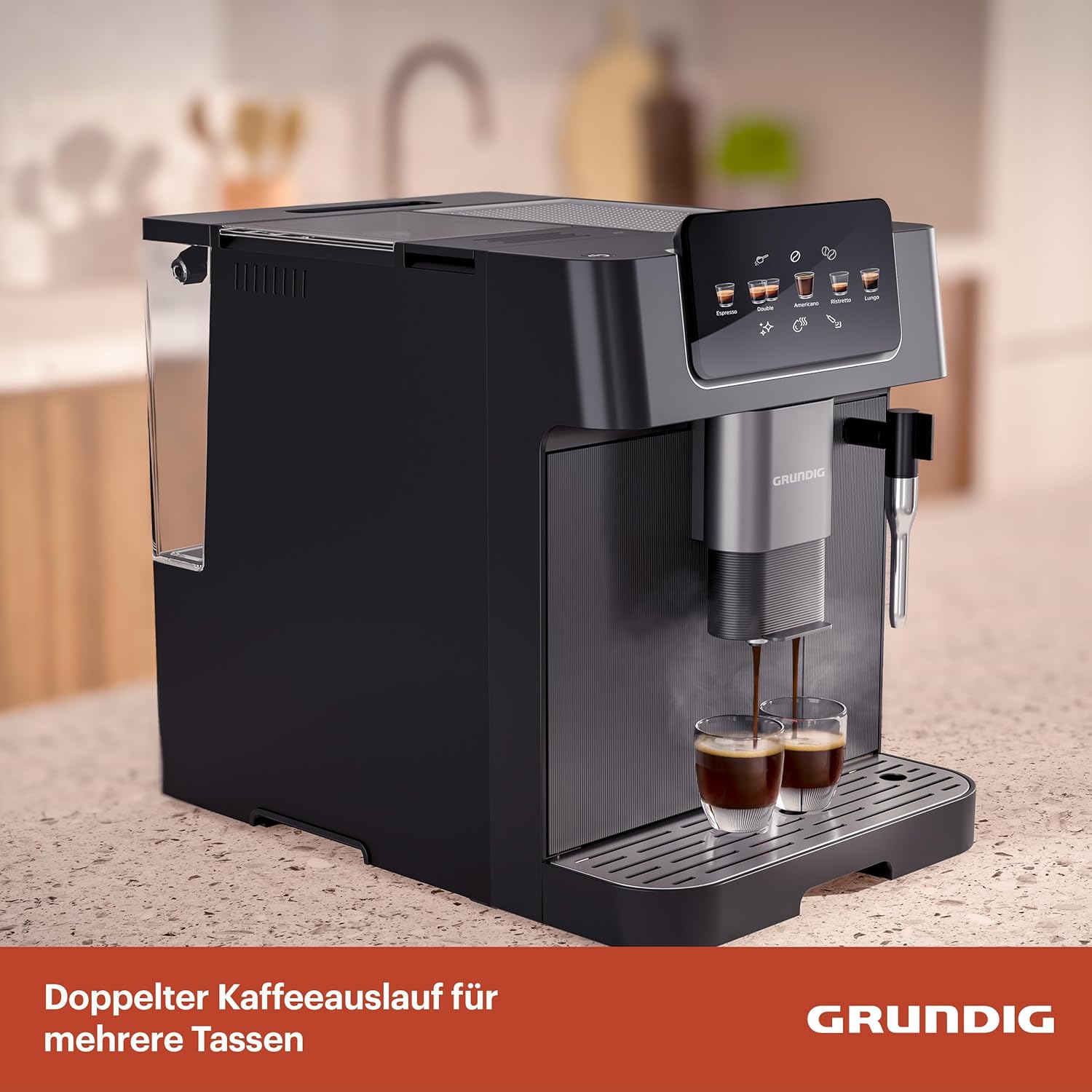 GRUNDIG KVA 7230 volautomatische koffiemachine, 10 koffiespecialiteiten, 13 maalfijnheden, melkreservoir, krachtig 1350 W, 19 bar pompdruk, dubbele uitloop, verlichting, Zwart/Donkerzilver