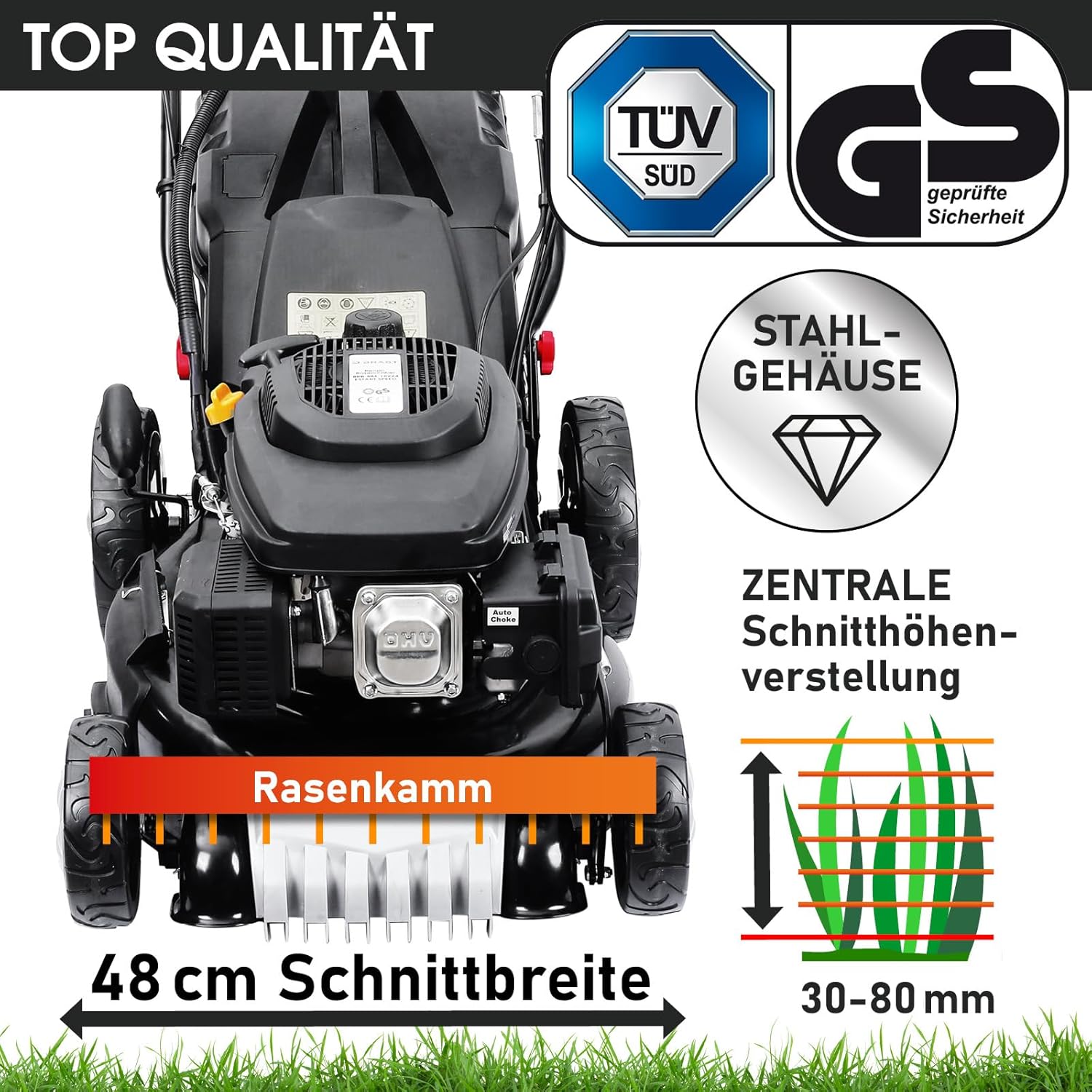 BRAST Benzin grasmaaier met aandrijving | 5,2kW(7PK) | elektrische start | 48cm snijbreedte | vele modellen | TÜV | 4-takt OHV motor | 30-80mm maaihoogte | 60L opvangbak | stalen behuizing | 19224 ESTART Speed