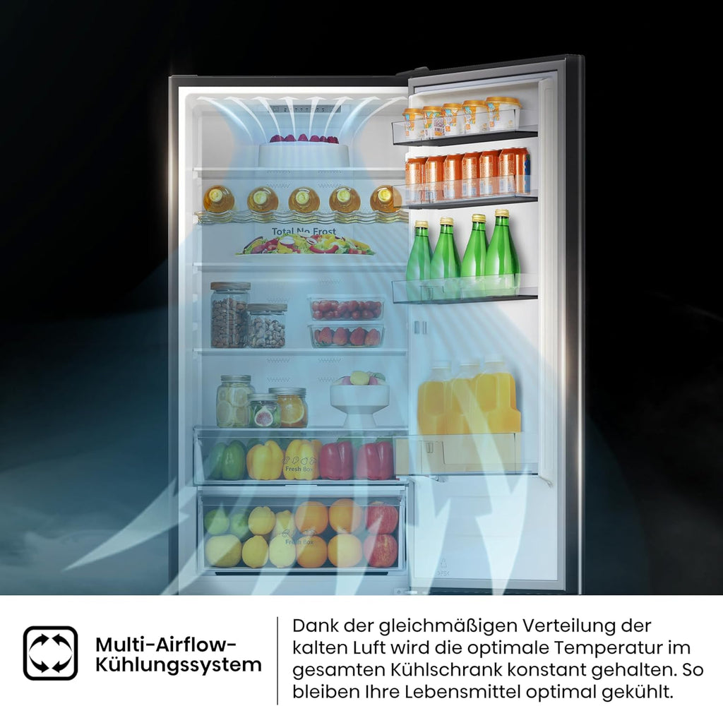 Hisense RB327N4AD2 koel-vriescombinatie/ NoFrostPlus/ Multiflow 360°/ HolidayMode/ FreshZone/ 182,4 cm/ koelgedeelte 171 l/ vriesgedeelte 85 l/ 41 dB/ 287 kWh/ jaar/ roestvrijstalen look