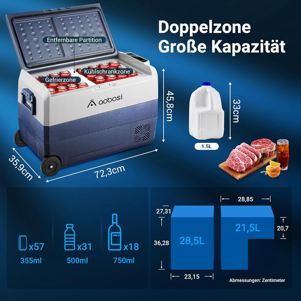 AAOBOSI Compressor Koelbox 36 L, Koelbox Auto met Wifi App Besturing, 12/24 V en 100-240 V Elektrische Koelbox, tot -20 °C voor Auto, Vrachtwagen, Boot, Camper, Camping, Dubbele Zone
