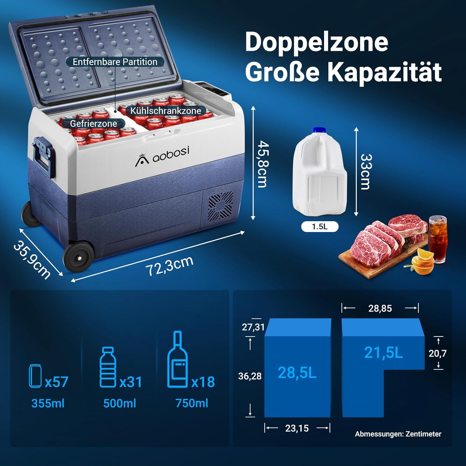 AAOBOSI Compressor Koelbox 36 L, Koelbox Auto met Wifi App Besturing, 12/24 V en 100-240 V Elektrische Koelbox, tot -20 °C voor Auto, Vrachtwagen, Boot, Camper, Camping, Dubbele Zone