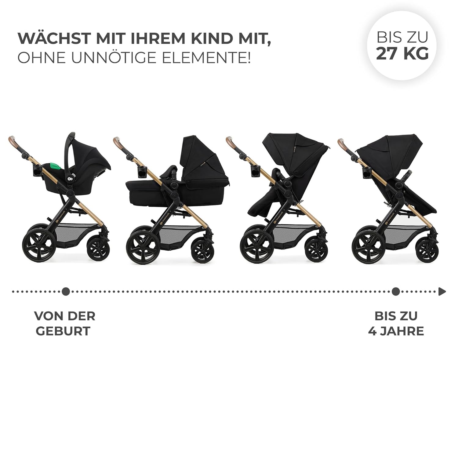Kinderkraft MOOV2 AIR Kinderwagen 3 in 1 Kinderwagenset tot 26 kg met autostoel I-SIZE 40-75 cm, buggyfunctie, verstelbare ligstand, grote uitschuifbare kap, opblaasbare wielen, zwart