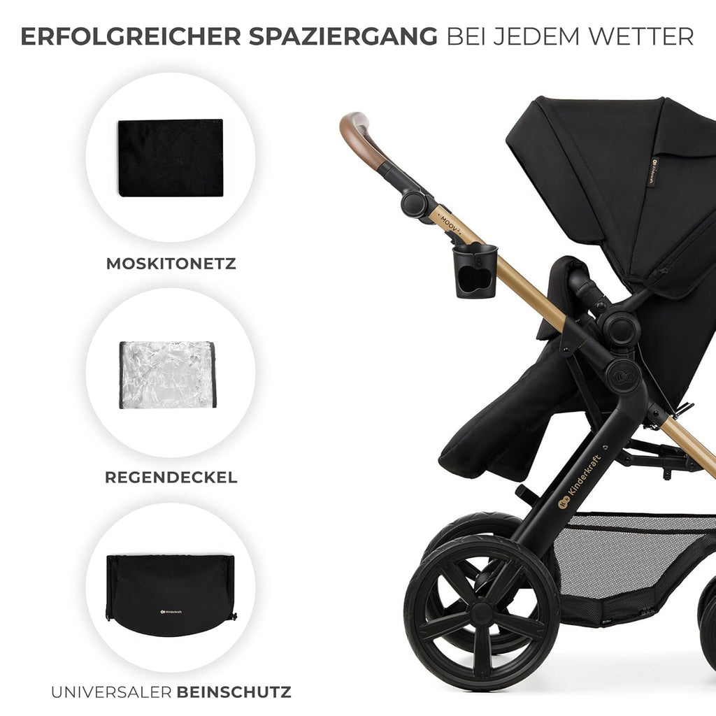 Kinderkraft MOOV2 AIR Kinderwagen 3 in 1 Kinderwagenset tot 26 kg met autostoel I-SIZE 40-75 cm, buggyfunctie, verstelbare ligstand, grote uitschuifbare kap, opblaasbare wielen, zwart