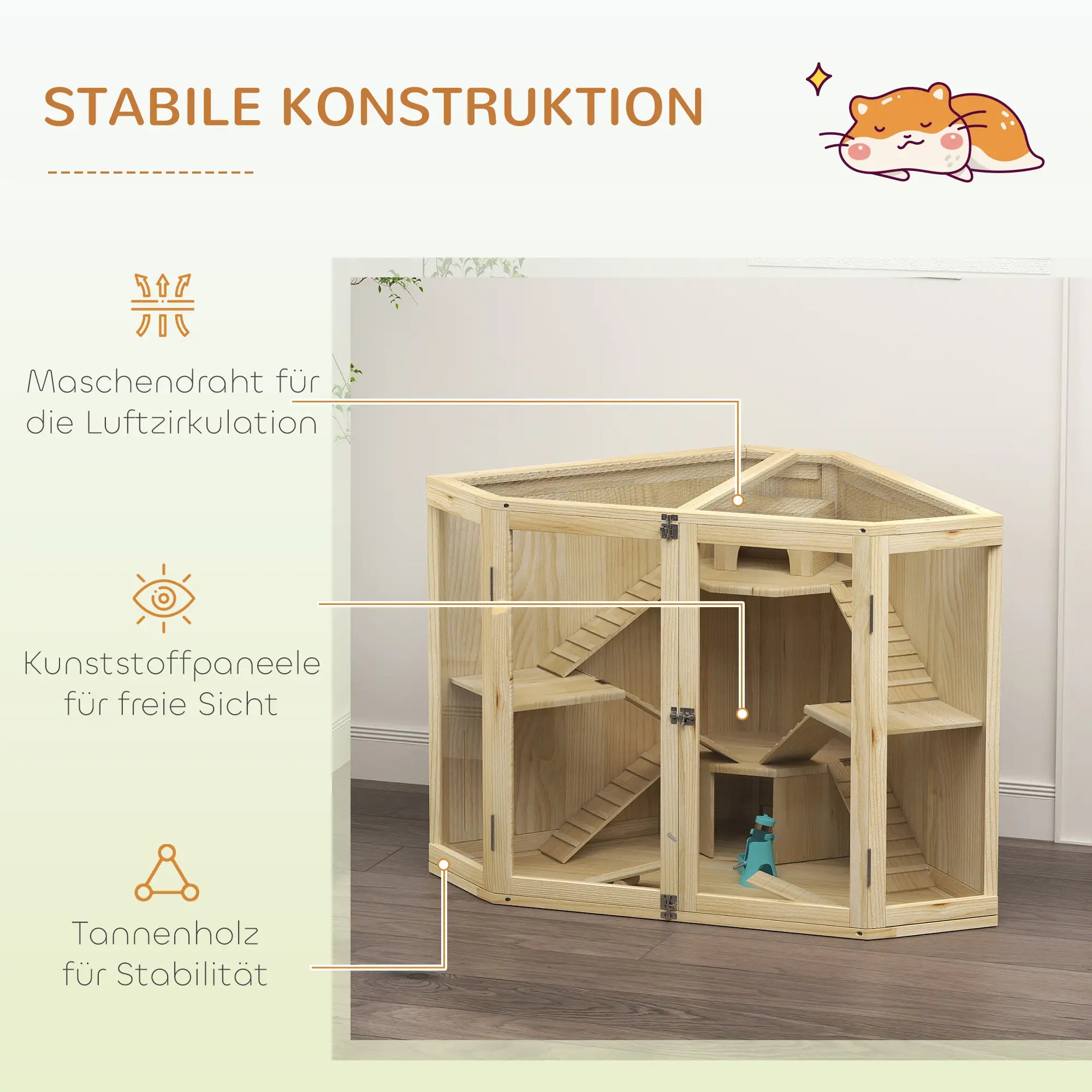 PawHut Hamsterkooi Hout 4 Verdiepingen met Accessoires en Kijkvenster