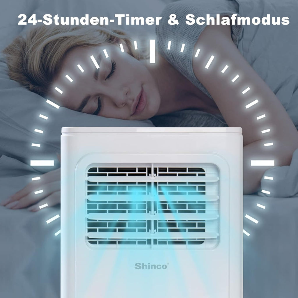 SHINCO Mobiele airconditioning met luchtafvoerslang, 9000 BTU, 2,6 kW, Koelen&Ventileren&Ontvochtigen, Mobiel airco-apparaat met slaapstand, Ruimte tot 22㎡, 24-uurs timer