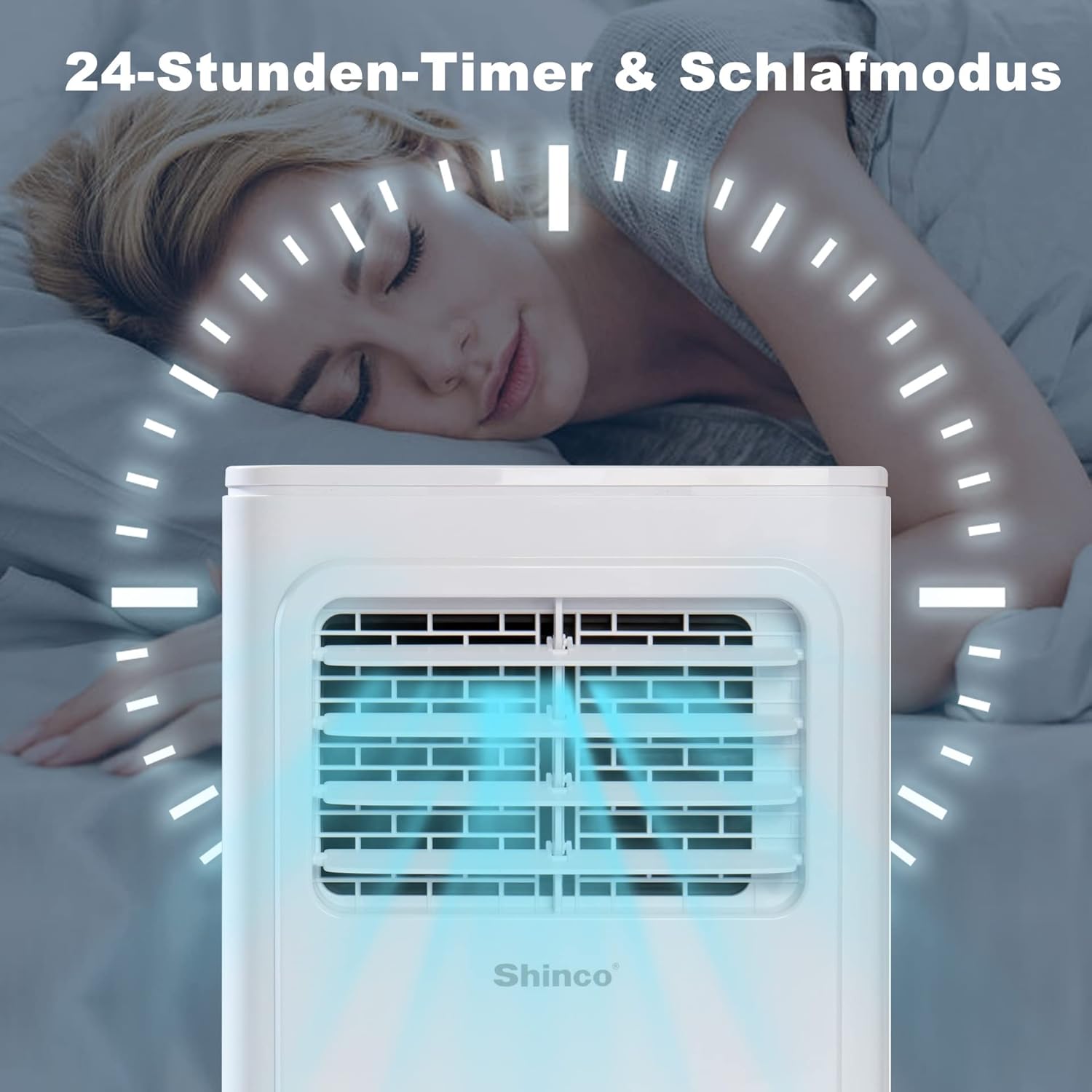 SHINCO Mobiele airconditioning met luchtafvoerslang, 9000 BTU, 2,6 kW, Koelen&Ventileren&Ontvochtigen, Mobiel airco-apparaat met slaapstand, Ruimte tot 22㎡, 24-uurs timer