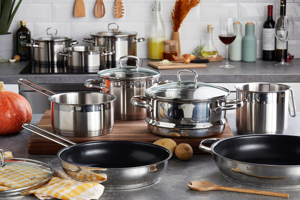 Silit Toskana pannenset inductiegeschikt 10-delig, kookpannenset met glazen deksel, inductiekookpannen, melkpan, stoompan, koekenpan, roestvrij staal deels mat, inductie pannen set ongecoat