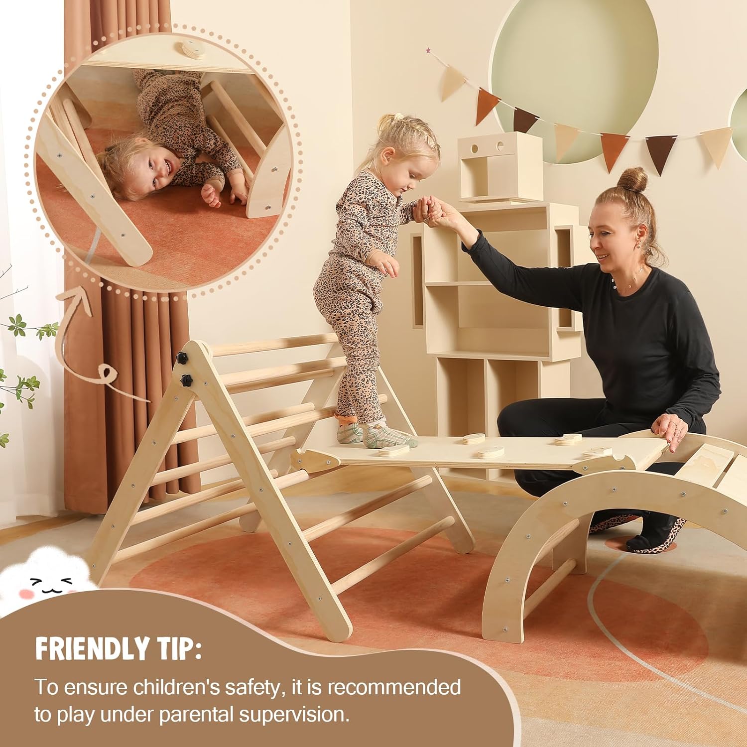 Driehoekset met kussen, 5-in-1 Montessori klimset, opvouwbaar, klim-binnenspeeltuinset voor peuters, houten klimspeelgoed met glijbaan en klimboog voor kinderen (houtkleur)