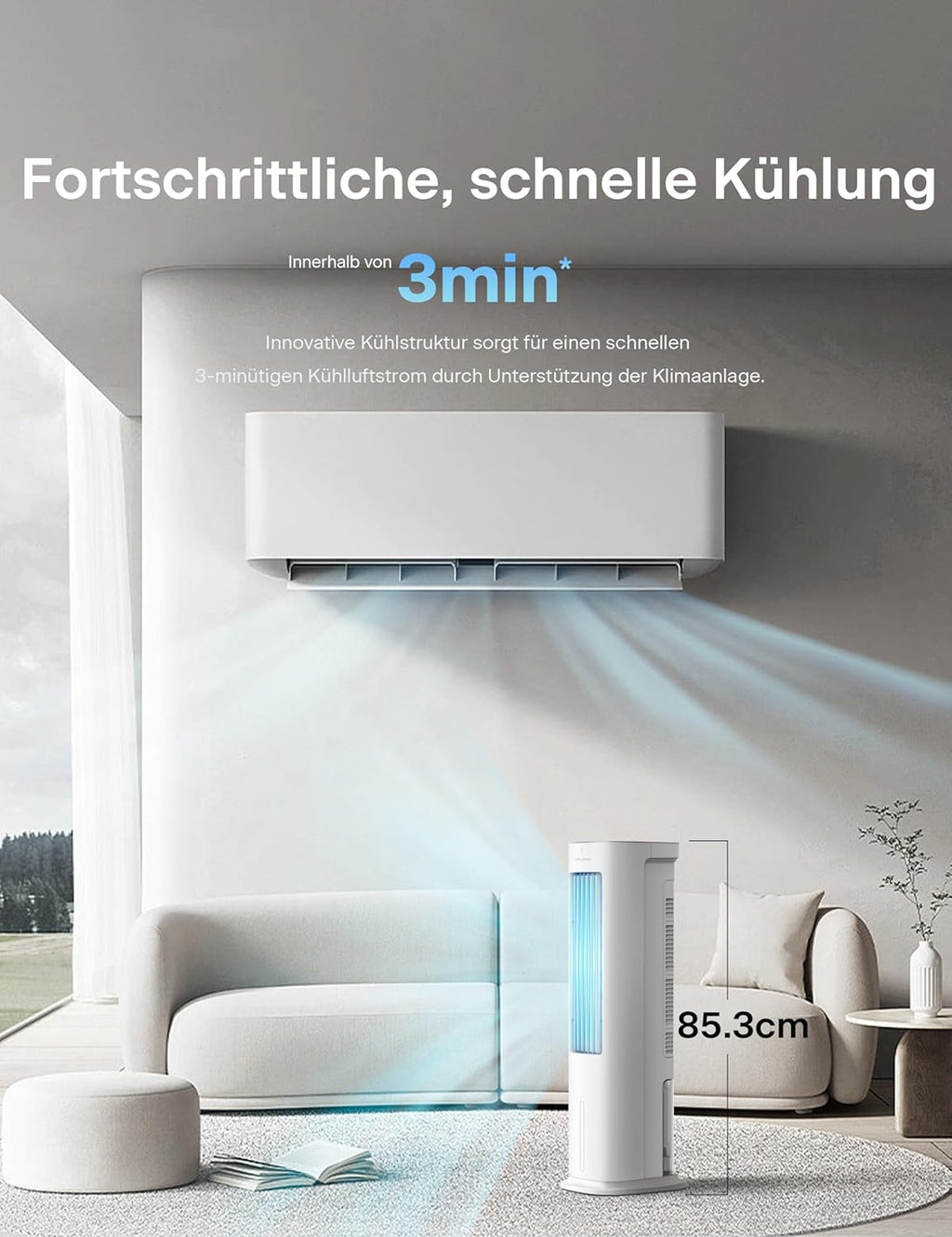 PELONIS Luchtkoeler met waterkoeling, Mobiele airconditioning, 5L Ventilator met waterkoeling, Luchtbevochtiger met afstandsbediening, 355m³/u Airconditioner zonder afvoerslang