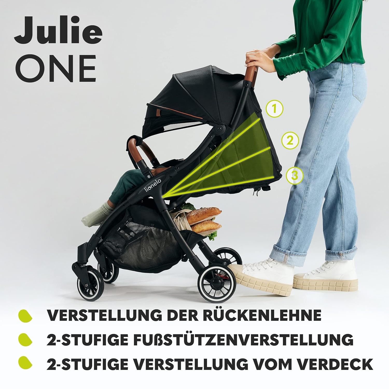LIONELO Julie One Buggy kinderwagen tot 22 kg, verstelbare rugleuning en voetsteun, muskietennet, beenwarmers, bekerhouder en draagtas, inklapbaar