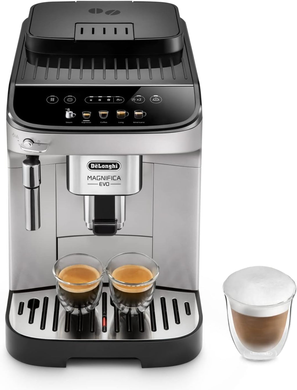 De'Longhi Magnifica Evo ECAM 292.33.SB volautomatische espressomachine met melkopschuimmondstuk, 5 directe keuzeknoppen voor espresso, koffie en koffiespecialiteiten, intuïtief bedieningspaneel, 2-kopsfunctie, zilver/zwart