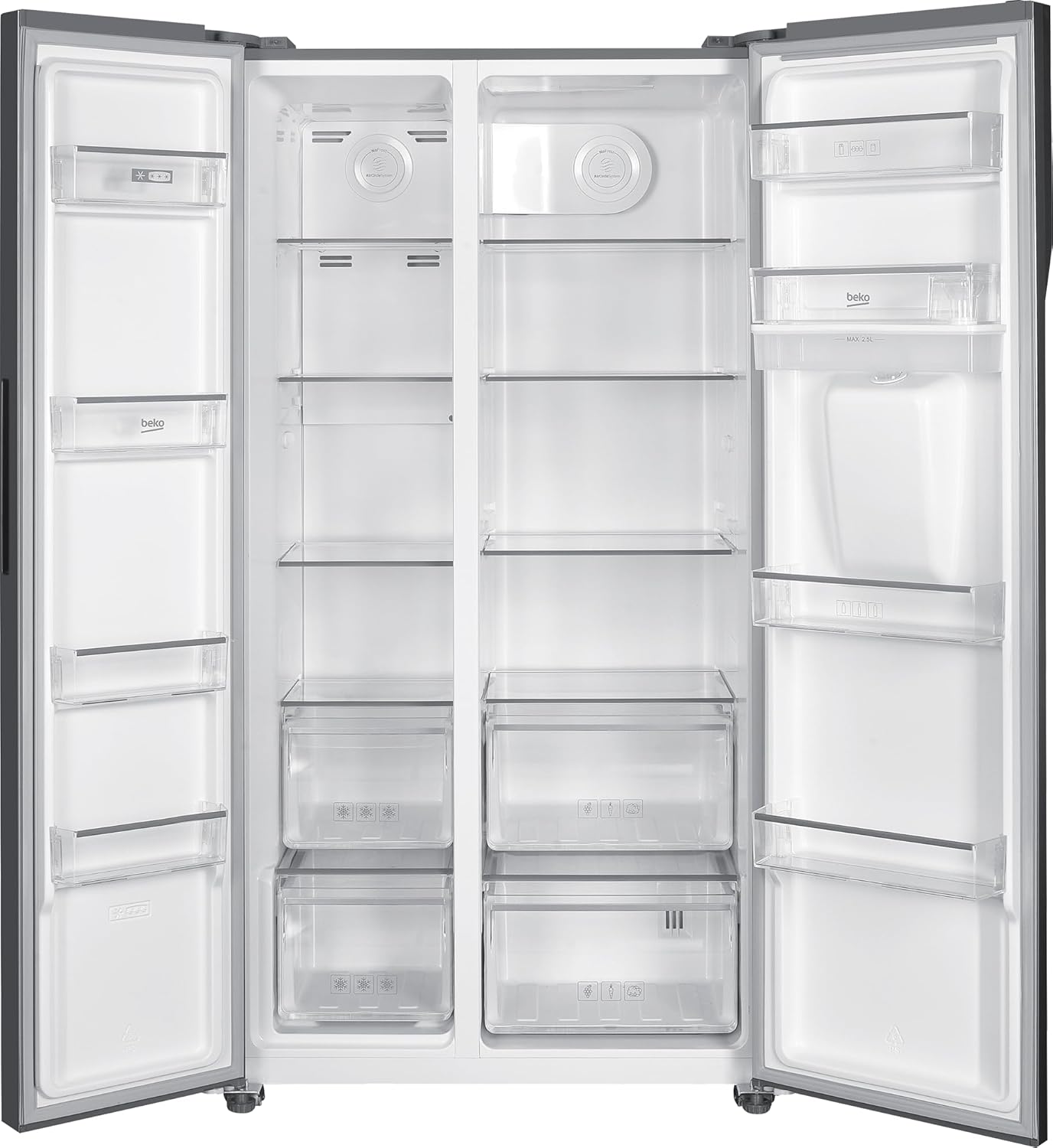 Beko GNO5322WDXPN Side-by-Side, Koelkast, Vriesvak, 532 l totaalvolume, 347 liter koelruimte, 185 liter vriesruimte, multifunctioneel display, NoFrost, waterdispenser, RVS