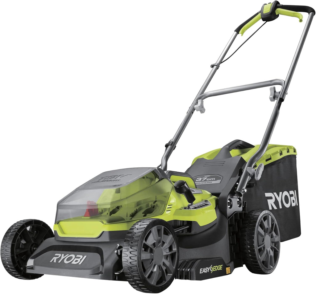 RYOBI 18 V ONE+ Accu-grasmaaier RLM18X33B40 (snijbreedte 33 cm, 5-voudige hoogteverstelling 25-65 mm, inklapbare duwbeugel, incl. mulchplug, 35l grasvangzak, 4,0Ah accu & lader)