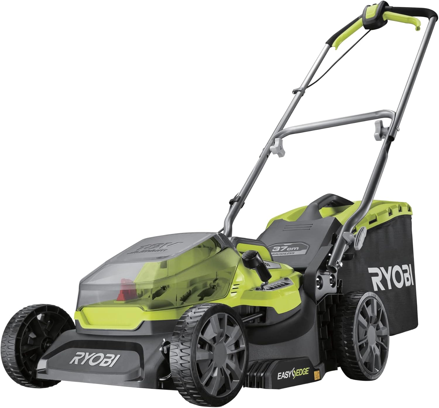 RYOBI 18 V ONE+ Accu-grasmaaier RLM18X33B40 (snijbreedte 33 cm, 5-voudige hoogteverstelling 25-65 mm, inklapbare duwbeugel, incl. mulchplug, 35l grasvangzak, 4,0Ah accu & lader)