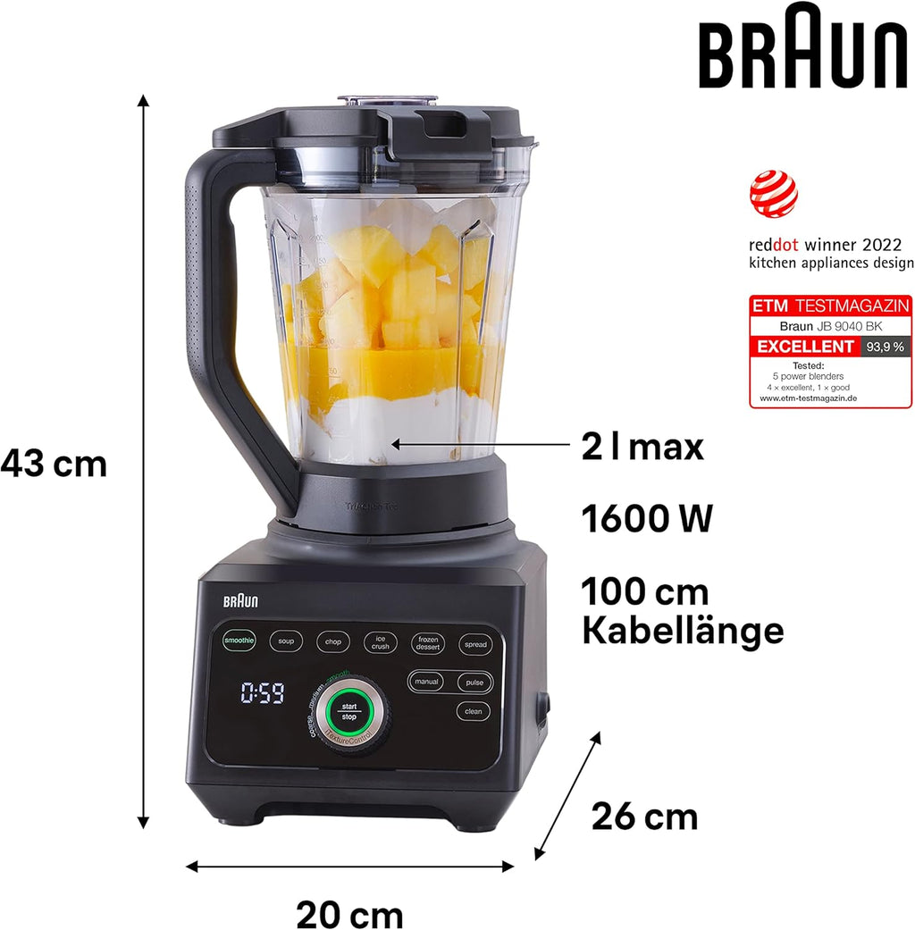 Braun PowerBlend 9 JB9040 Krachtige Blender – Blender met Tritan kan, 18 mixprogramma's, 10 snelheden + pulsfunctie, hete soepfunctie, reinigingsprogramma, uitschenktuit, 1600 W, Zwart